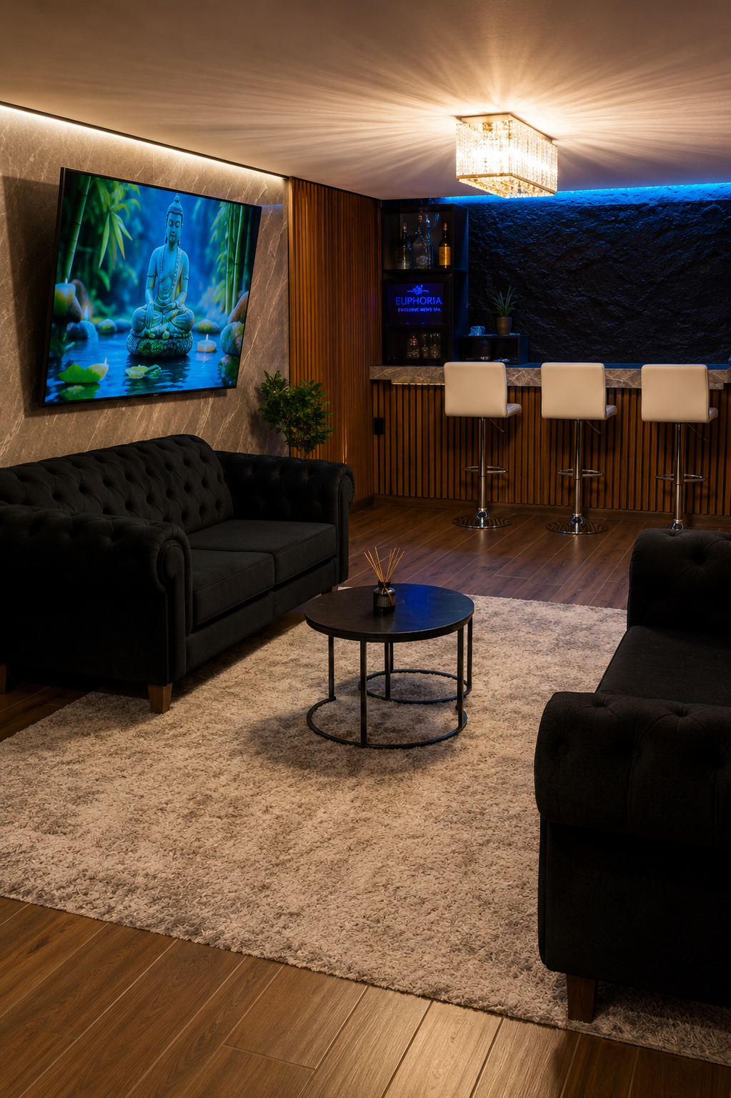Sala de estar con sofá y barra
