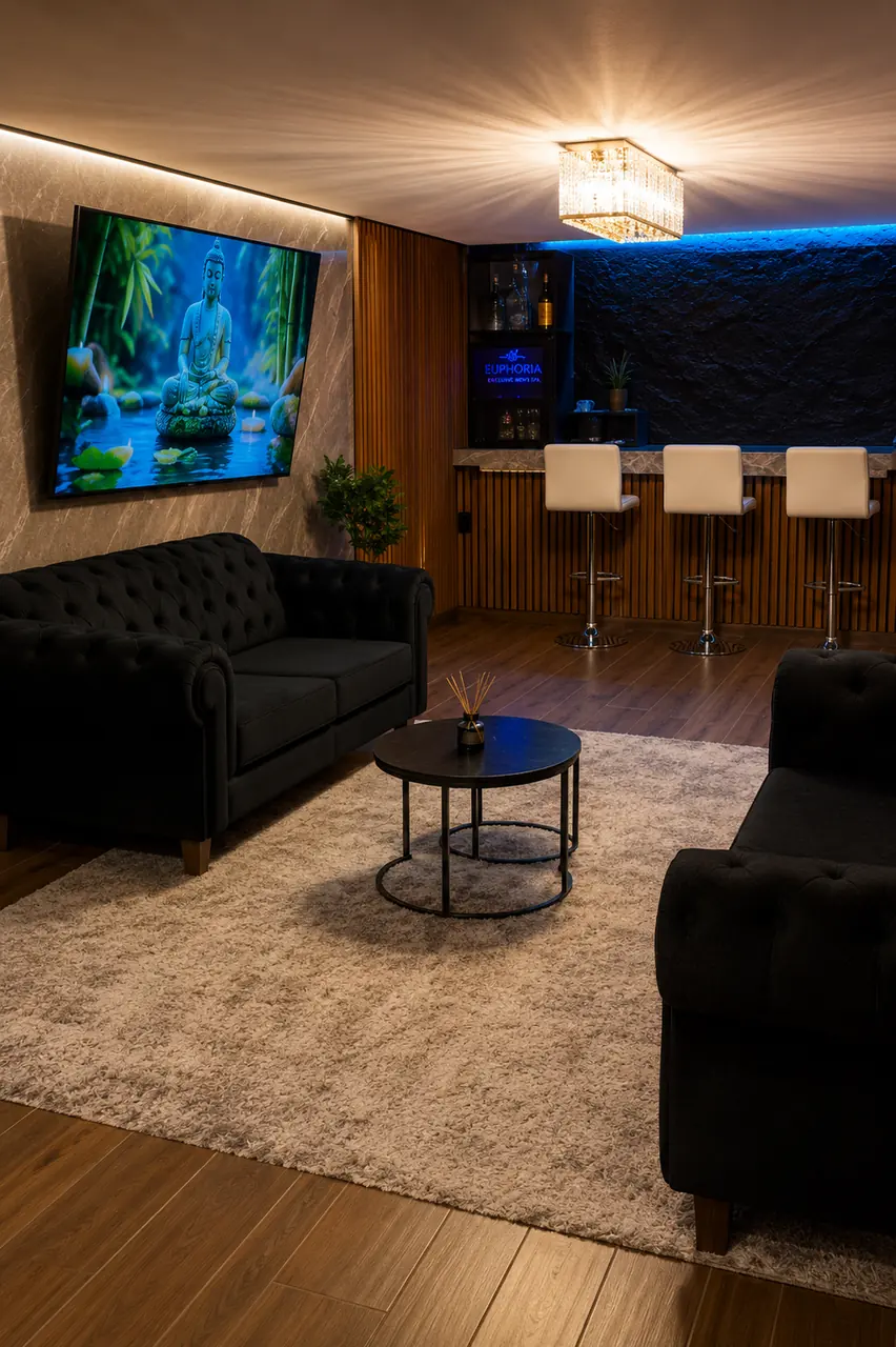 Sala de estar con sofá y barra